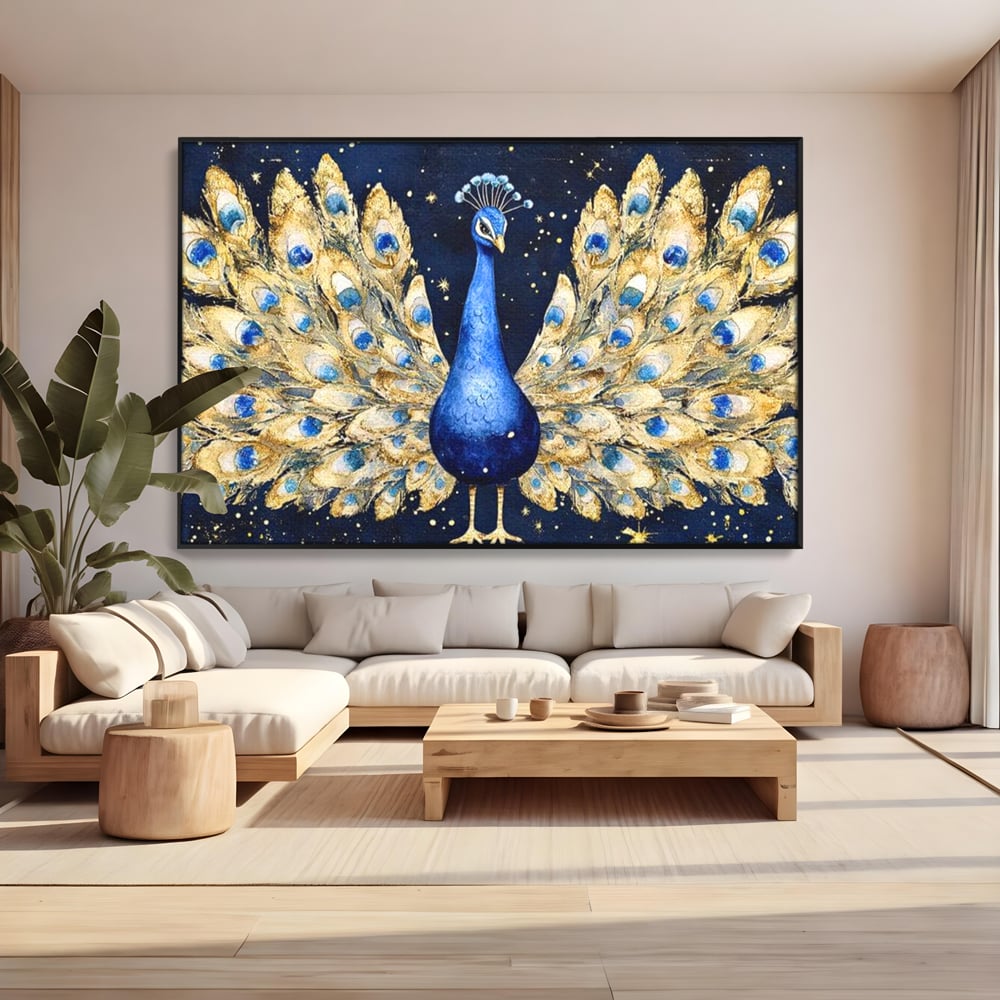 Tablou Canvas Premium, LuxCanva® M1403, Cantecul Noptii, Nocturn, Stele, Cosmic, Exotic, Splendoare, Frumusete, Pasare, Paun, Pene, Auriu, Birou, Living, Camera Copil