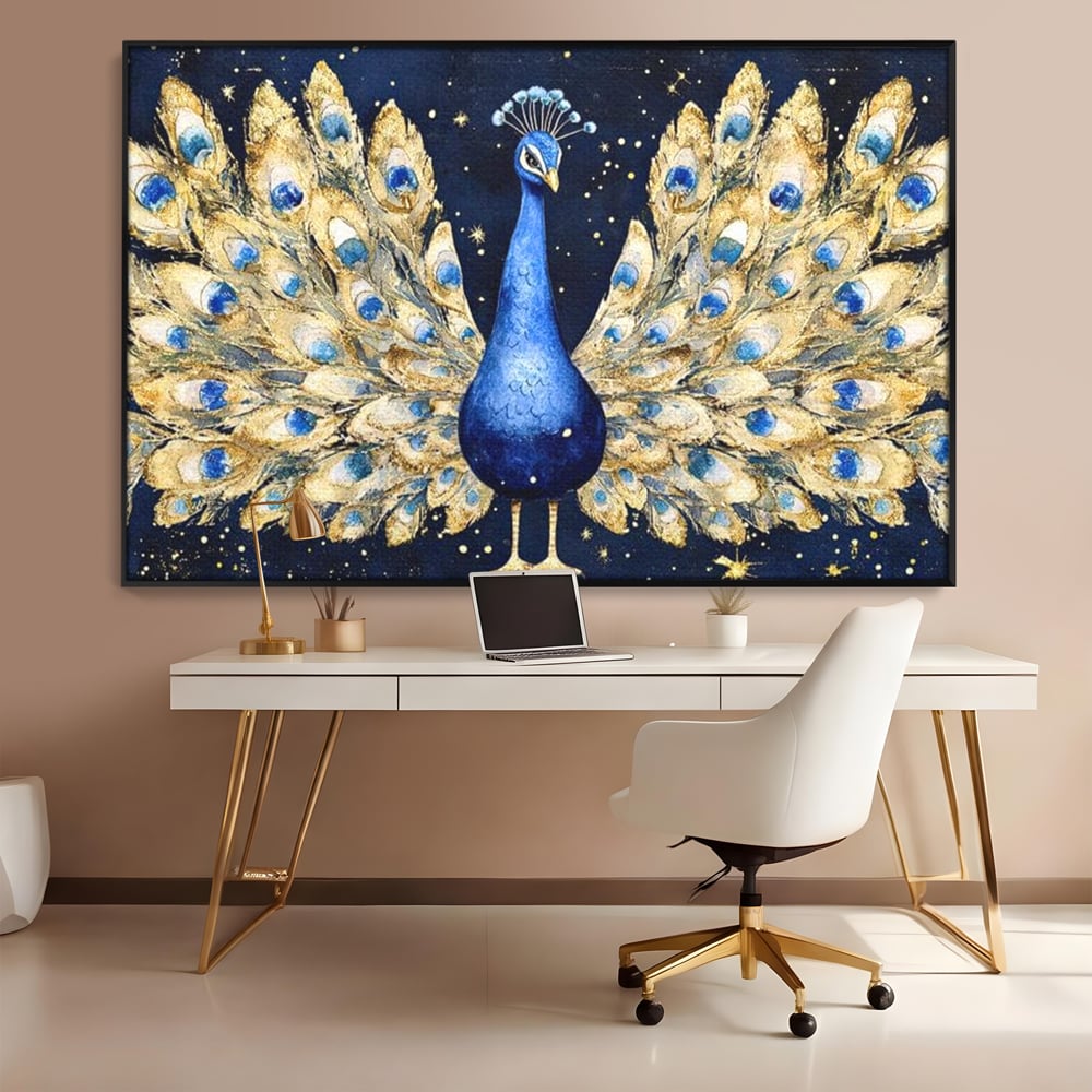 Tablou Canvas Premium, LuxCanva® M1403, Cantecul Noptii, Nocturn, Stele, Cosmic, Exotic, Splendoare, Frumusete, Pasare, Paun, Pene, Auriu, Birou, Living, Camera Copil