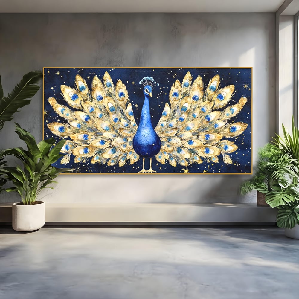 Tablou Canvas Premium, LuxCanva® M1403, Cantecul Noptii, Nocturn, Stele, Cosmic, Exotic, Splendoare, Frumusete, Pasare, Paun, Pene, Auriu, Birou, Living, Camera Copil