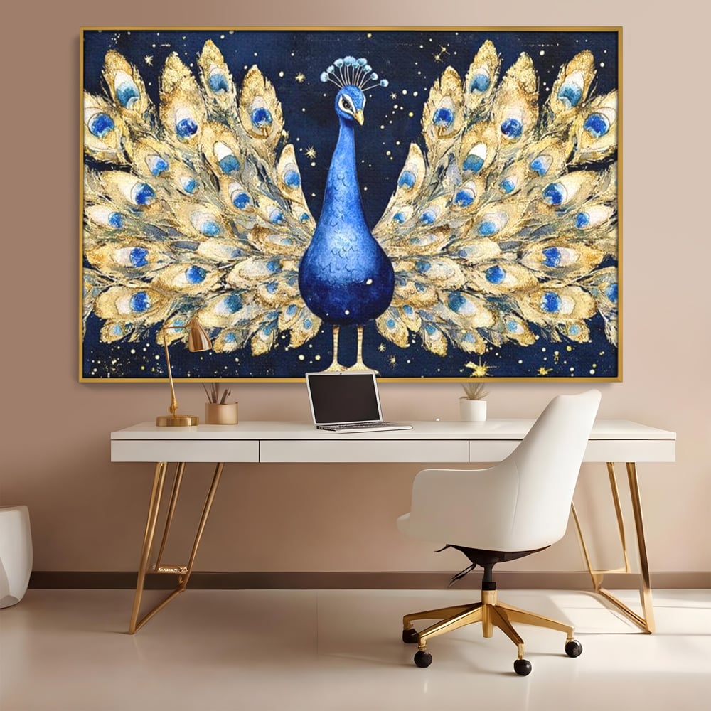 Tablou Canvas Premium, LuxCanva® M1403, Cantecul Noptii, Nocturn, Stele, Cosmic, Exotic, Splendoare, Frumusete, Pasare, Paun, Pene, Auriu, Birou, Living, Camera Copil