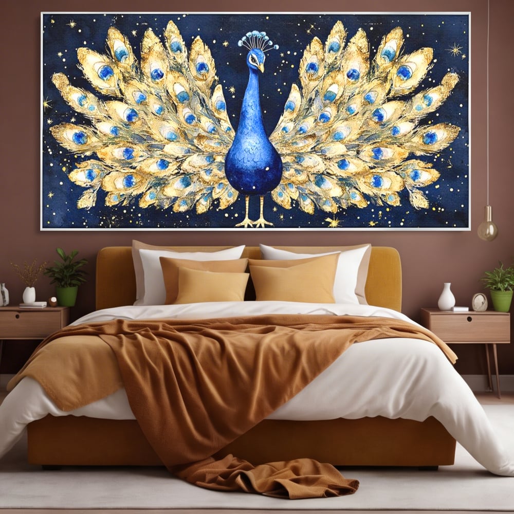Tablou Canvas Premium, LuxCanva® M1403, Cantecul Noptii, Nocturn, Stele, Cosmic, Exotic, Splendoare, Frumusete, Pasare, Paun, Pene, Auriu, Birou, Living, Camera Copil