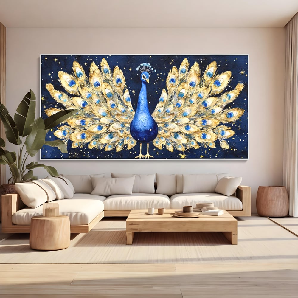 Tablou Canvas Premium, LuxCanva® M1403, Cantecul Noptii, Nocturn, Stele, Cosmic, Exotic, Splendoare, Frumusete, Pasare, Paun, Pene, Auriu, Birou, Living, Camera Copil