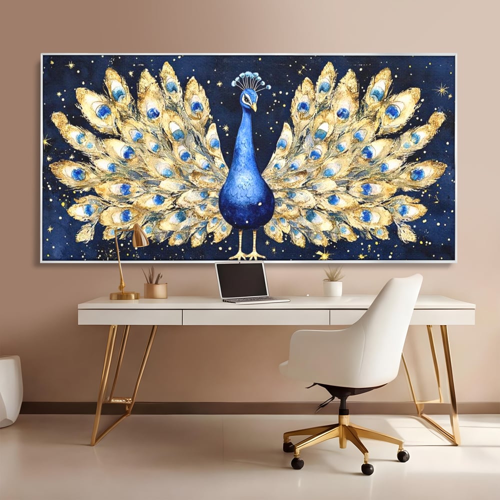 Tablou Canvas Premium, LuxCanva® M1403, Cantecul Noptii, Nocturn, Stele, Cosmic, Exotic, Splendoare, Frumusete, Pasare, Paun, Pene, Auriu, Birou, Living, Camera Copil