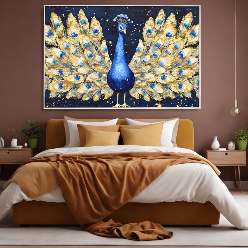 Tablou Canvas Premium, LuxCanva® M1403, Cantecul Noptii, Nocturn, Stele, Cosmic, Exotic, Splendoare, Frumusete, Pasare, Paun, Pene, Auriu, Birou, Living, Camera Copil