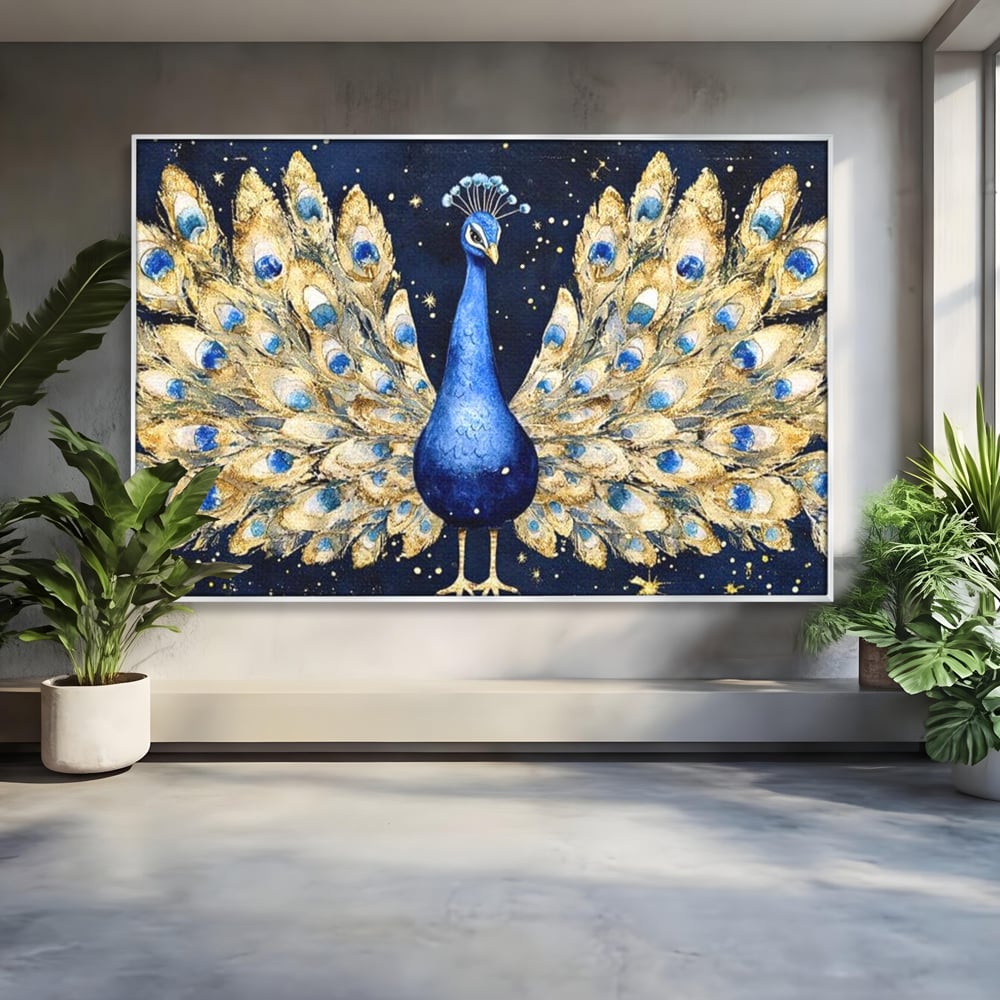 Tablou Canvas Premium, LuxCanva® M1403, Cantecul Noptii, Nocturn, Stele, Cosmic, Exotic, Splendoare, Frumusete, Pasare, Paun, Pene, Auriu, Birou, Living, Camera Copil