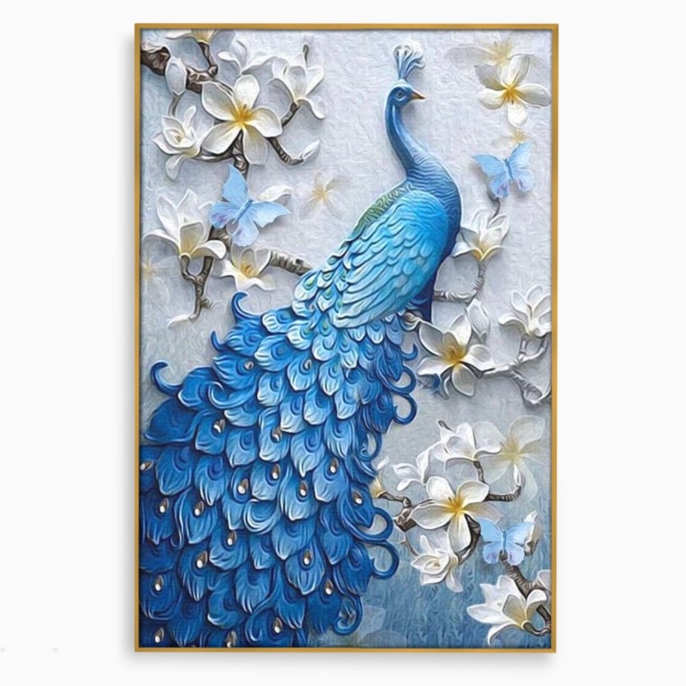 Tablou Canvas Premium, LuxCanva® M1404, Ascuns printre Magnolii, Pasare, Penaj, Flori, Ramuri, Eleganta, Paun, Coada, Petale, Natura, Pictura, Birou, Living, Camera Copil