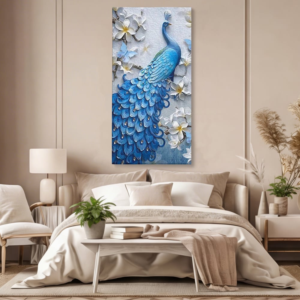 Tablou Canvas Premium, LuxCanva® M1404, Ascuns printre Magnolii, Pasare, Penaj, Flori, Ramuri, Eleganta, Paun, Coada, Petale, Natura, Pictura, Birou, Living, Camera Copil