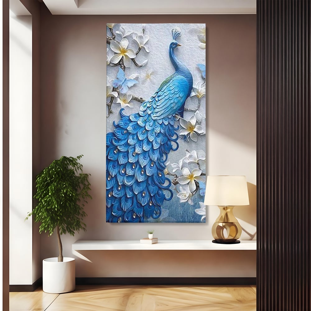 Tablou Canvas Premium, LuxCanva® M1404, Ascuns printre Magnolii, Pasare, Penaj, Flori, Ramuri, Eleganta, Paun, Coada, Petale, Natura, Pictura, Birou, Living, Camera Copil