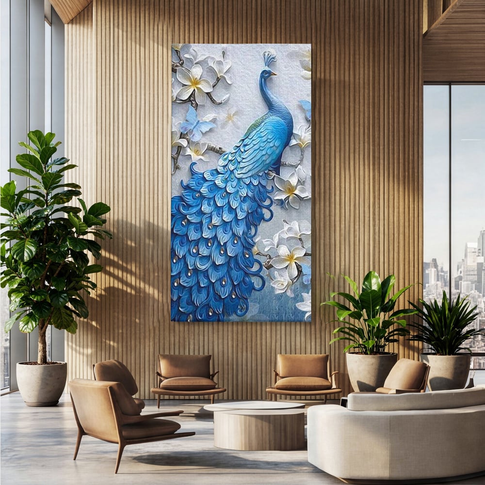 Tablou Canvas Premium, LuxCanva® M1404, Ascuns printre Magnolii, Pasare, Penaj, Flori, Ramuri, Eleganta, Paun, Coada, Petale, Natura, Pictura, Birou, Living, Camera Copil