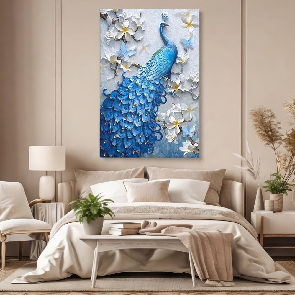 Tablou Canvas Premium, LuxCanva® M1404, Ascuns printre Magnolii, Pasare, Penaj, Flori, Ramuri, Eleganta, Paun, Coada, Petale, Natura, Pictura, Birou, Living, Camera Copil