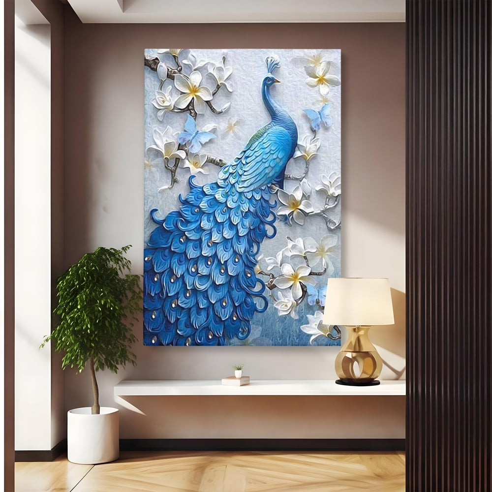 Tablou Canvas Premium, LuxCanva® M1404, Ascuns printre Magnolii, Pasare, Penaj, Flori, Ramuri, Eleganta, Paun, Coada, Petale, Natura, Pictura, Birou, Living, Camera Copil