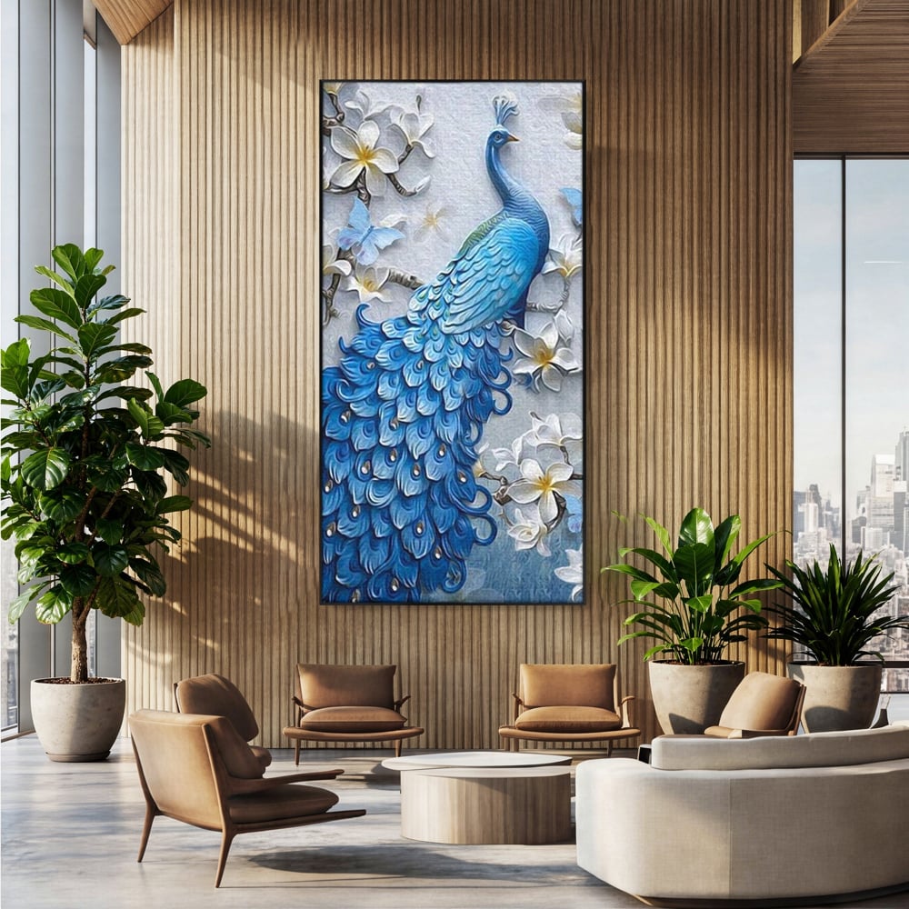 Tablou Canvas Premium, LuxCanva® M1404, Ascuns printre Magnolii, Pasare, Penaj, Flori, Ramuri, Eleganta, Paun, Coada, Petale, Natura, Pictura, Birou, Living, Camera Copil