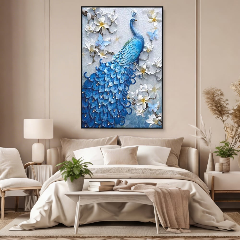 Tablou Canvas Premium, LuxCanva® M1404, Ascuns printre Magnolii, Pasare, Penaj, Flori, Ramuri, Eleganta, Paun, Coada, Petale, Natura, Pictura, Birou, Living, Camera Copil