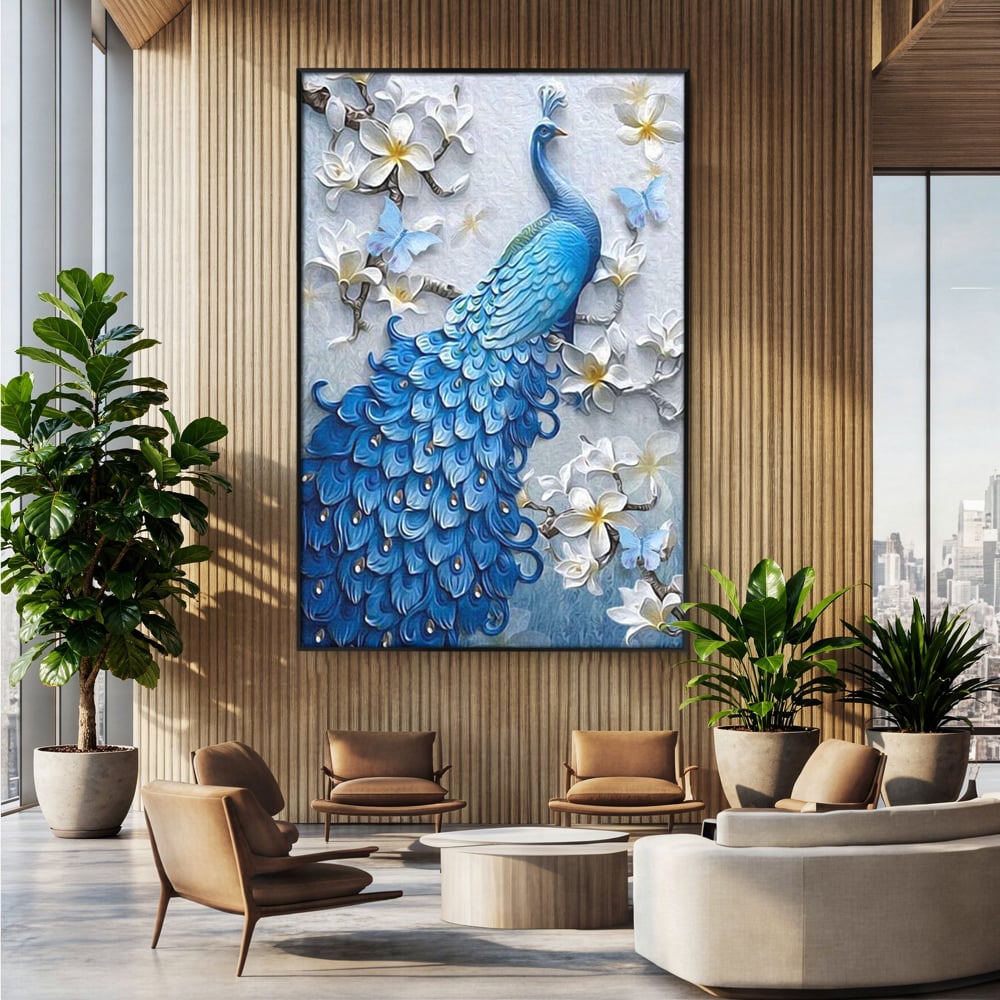 Tablou Canvas Premium, LuxCanva® M1404, Ascuns printre Magnolii, Pasare, Penaj, Flori, Ramuri, Eleganta, Paun, Coada, Petale, Natura, Pictura, Birou, Living, Camera Copil