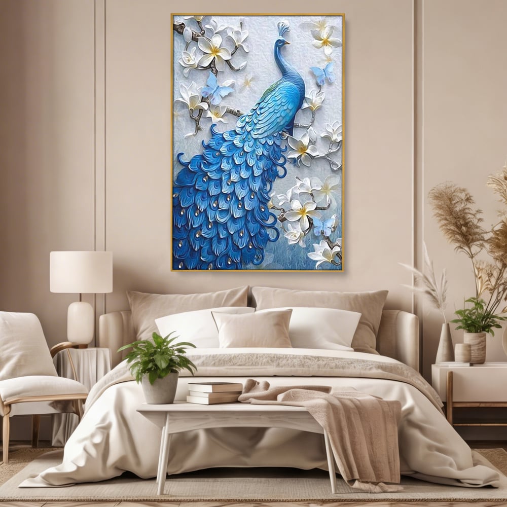 Tablou Canvas Premium, LuxCanva® M1404, Ascuns printre Magnolii, Pasare, Penaj, Flori, Ramuri, Eleganta, Paun, Coada, Petale, Natura, Pictura, Birou, Living, Camera Copil