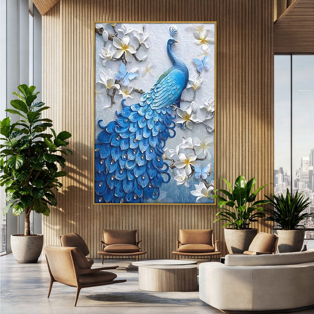 Tablou Canvas Premium, LuxCanva® M1404, Ascuns printre Magnolii, Pasare, Penaj, Flori, Ramuri, Eleganta, Paun, Coada, Petale, Natura, Pictura, Birou, Living, Camera Copil