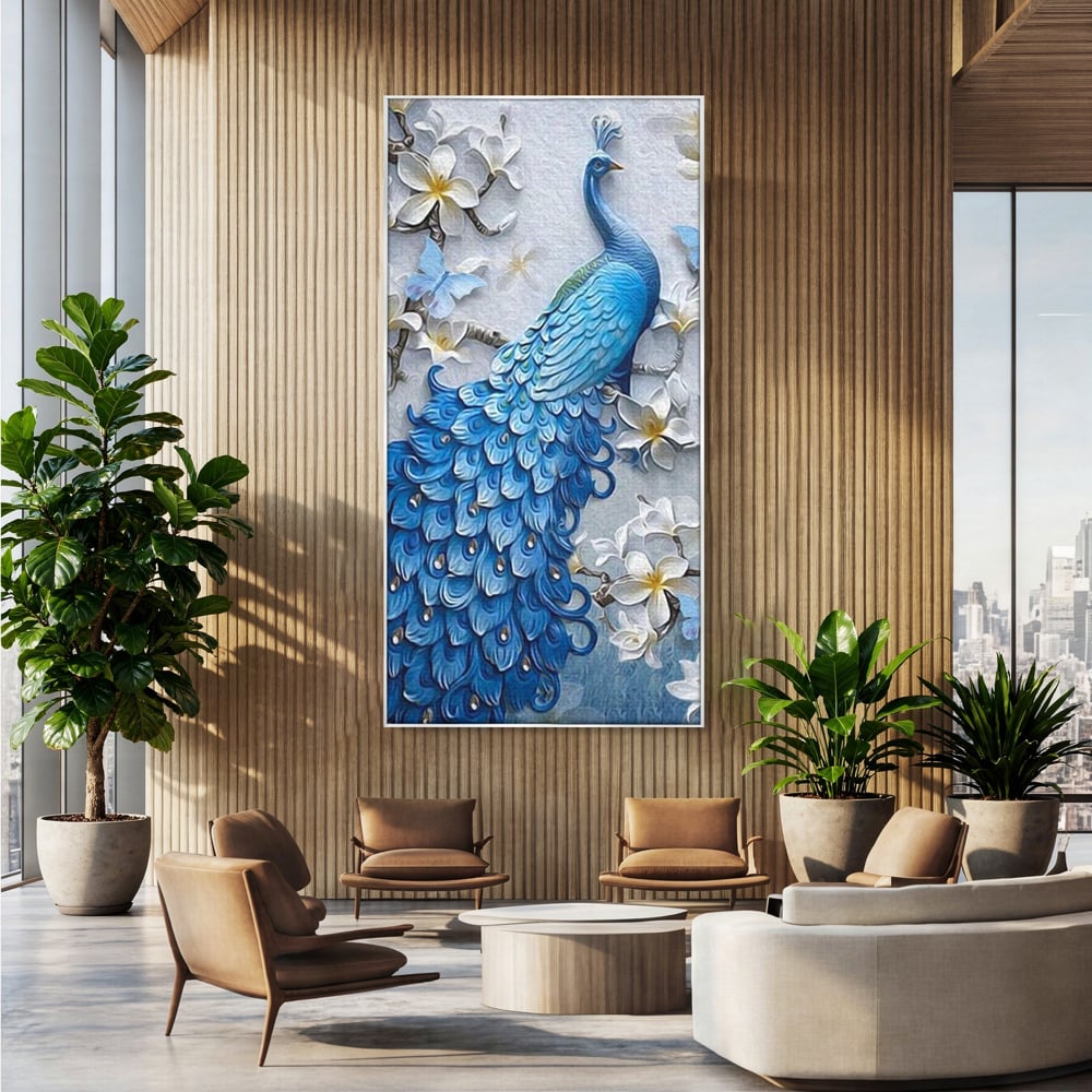Tablou Canvas Premium, LuxCanva® M1404, Ascuns printre Magnolii, Pasare, Penaj, Flori, Ramuri, Eleganta, Paun, Coada, Petale, Natura, Pictura, Birou, Living, Camera Copil