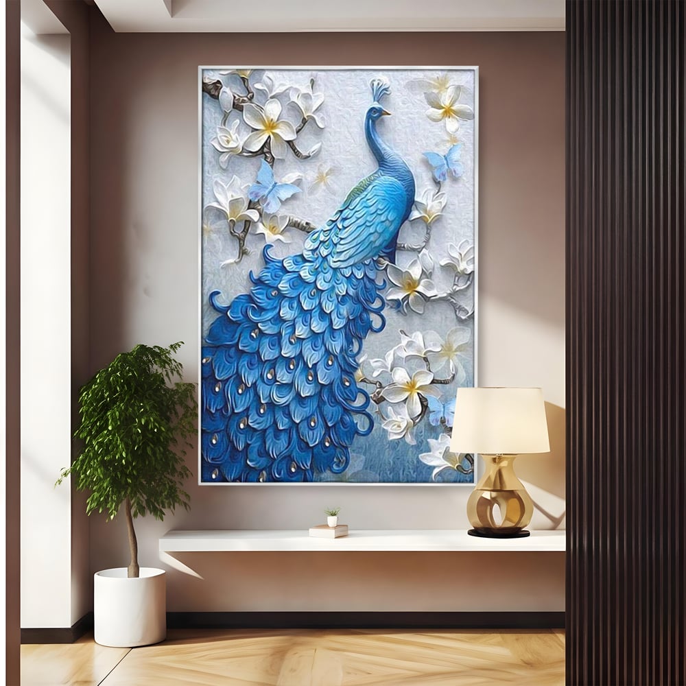 Tablou Canvas Premium, LuxCanva® M1404, Ascuns printre Magnolii, Pasare, Penaj, Flori, Ramuri, Eleganta, Paun, Coada, Petale, Natura, Pictura, Birou, Living, Camera Copil