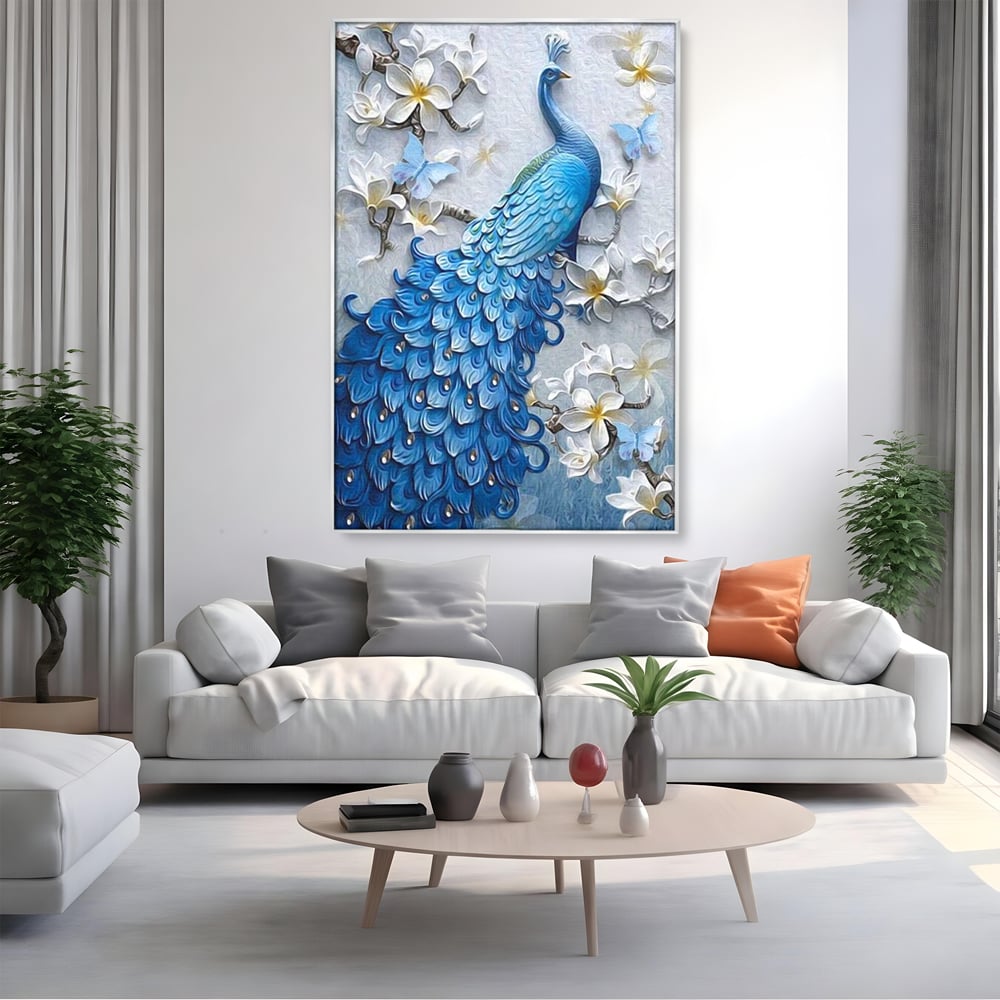 Tablou Canvas Premium, LuxCanva® M1404, Ascuns printre Magnolii, Pasare, Penaj, Flori, Ramuri, Eleganta, Paun, Coada, Petale, Natura, Pictura, Birou, Living, Camera Copil