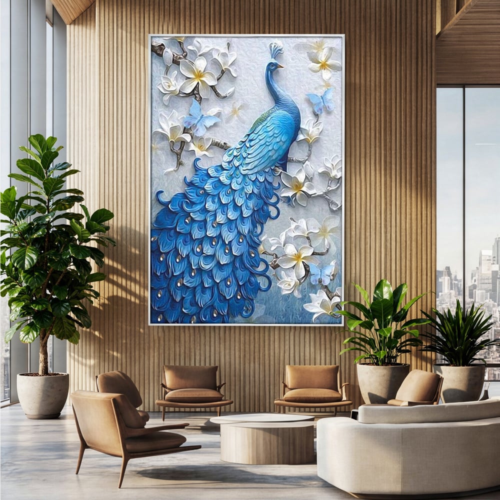 Tablou Canvas Premium, LuxCanva® M1404, Ascuns printre Magnolii, Pasare, Penaj, Flori, Ramuri, Eleganta, Paun, Coada, Petale, Natura, Pictura, Birou, Living, Camera Copil