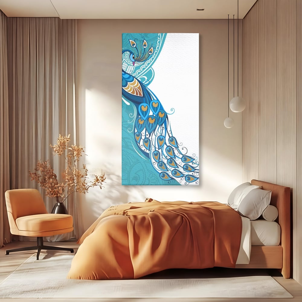 Leinwand Premium Canvas Wandkunst, LuxCanva® M1405, Exotische Essenz, Abstrakte Kunst, Grafik, Modern, Malerei, Pfau, Feder, Design, Vogel, Charmant, Büro, Wohnen, Kinderzimmer