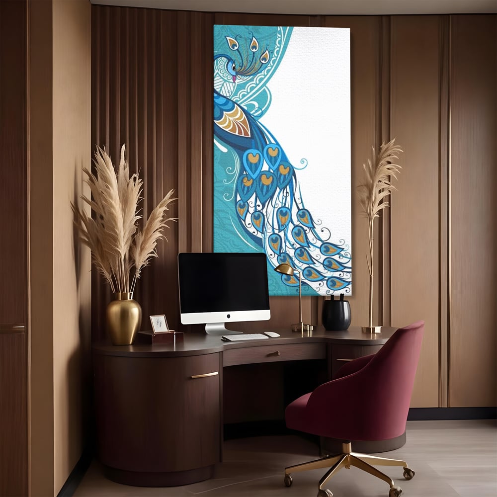 Leinwand Premium Canvas Wandkunst, LuxCanva® M1405, Exotische Essenz, Abstrakte Kunst, Grafik, Modern, Malerei, Pfau, Feder, Design, Vogel, Charmant, Büro, Wohnen, Kinderzimmer