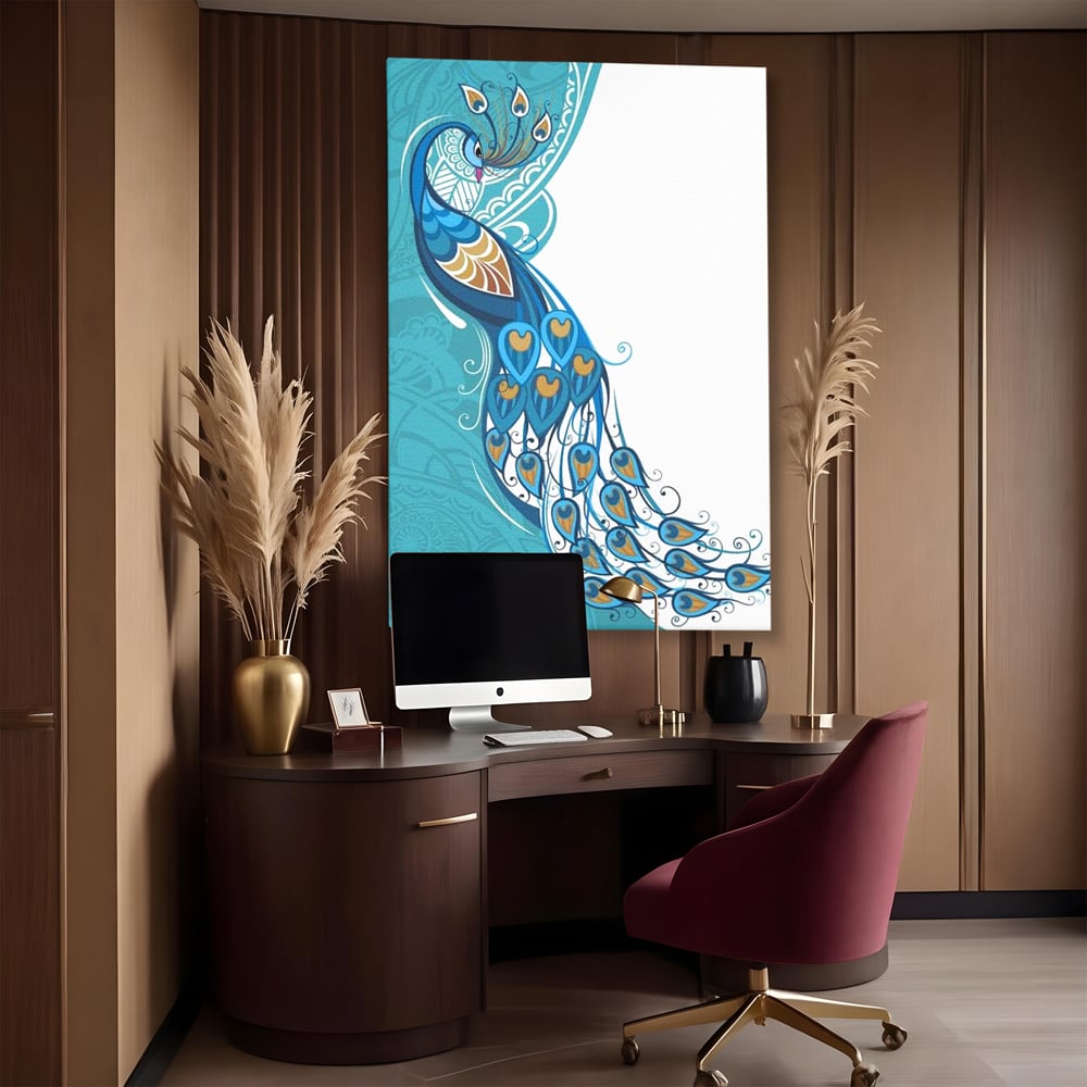 Leinwand Premium Canvas Wandkunst, LuxCanva® M1405, Exotische Essenz, Abstrakte Kunst, Grafik, Modern, Malerei, Pfau, Feder, Design, Vogel, Charmant, Büro, Wohnen, Kinderzimmer