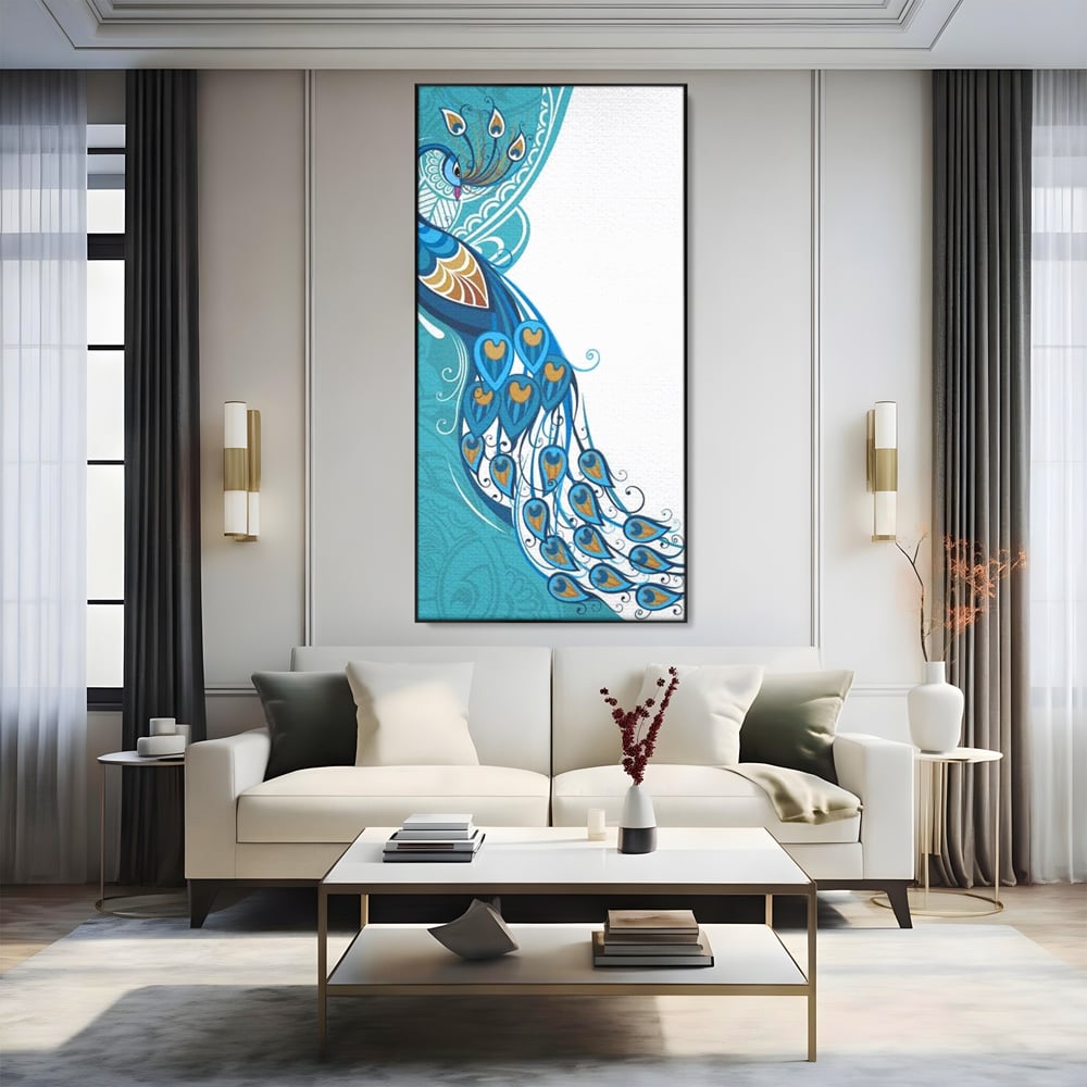 Leinwand Premium Canvas Wandkunst, LuxCanva® M1405, Exotische Essenz, Abstrakte Kunst, Grafik, Modern, Malerei, Pfau, Feder, Design, Vogel, Charmant, Büro, Wohnen, Kinderzimmer