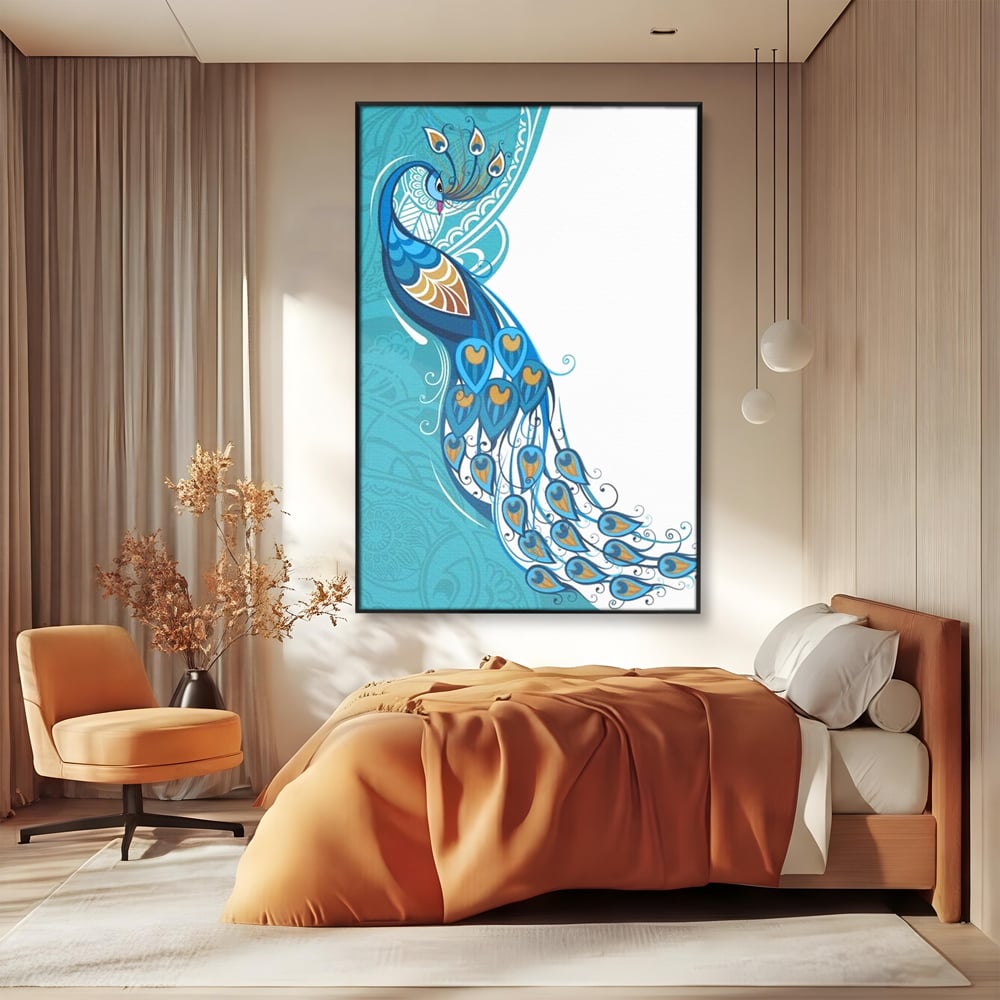 Leinwand Premium Canvas Wandkunst, LuxCanva® M1405, Exotische Essenz, Abstrakte Kunst, Grafik, Modern, Malerei, Pfau, Feder, Design, Vogel, Charmant, Büro, Wohnen, Kinderzimmer