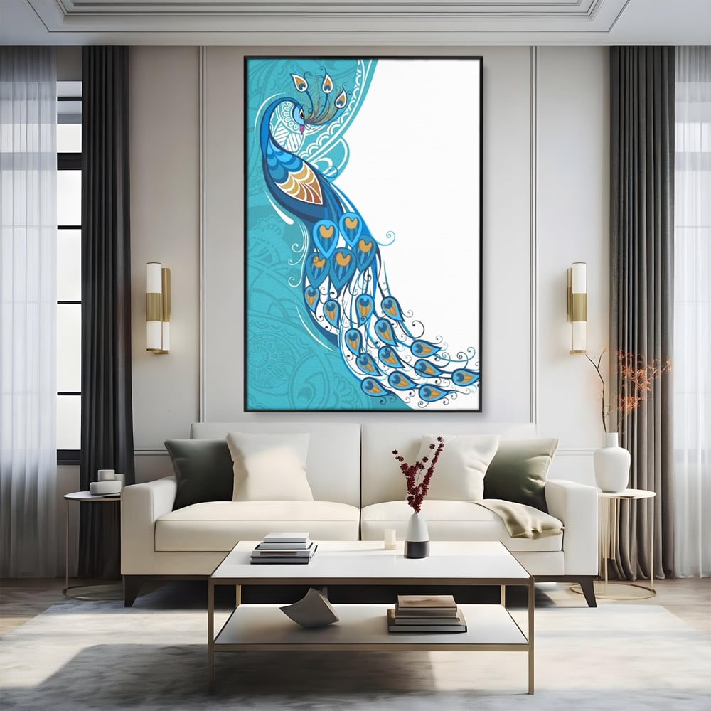 Leinwand Premium Canvas Wandkunst, LuxCanva® M1405, Exotische Essenz, Abstrakte Kunst, Grafik, Modern, Malerei, Pfau, Feder, Design, Vogel, Charmant, Büro, Wohnen, Kinderzimmer