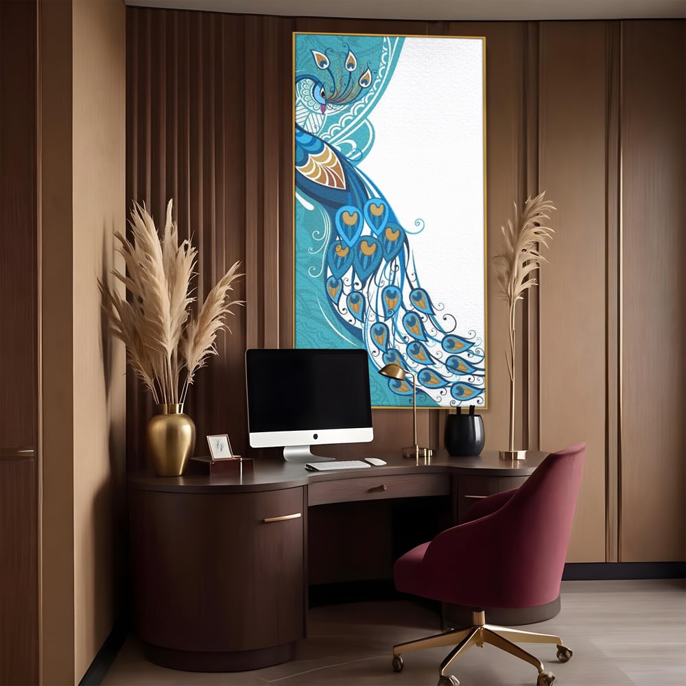 Leinwand Premium Canvas Wandkunst, LuxCanva® M1405, Exotische Essenz, Abstrakte Kunst, Grafik, Modern, Malerei, Pfau, Feder, Design, Vogel, Charmant, Büro, Wohnen, Kinderzimmer