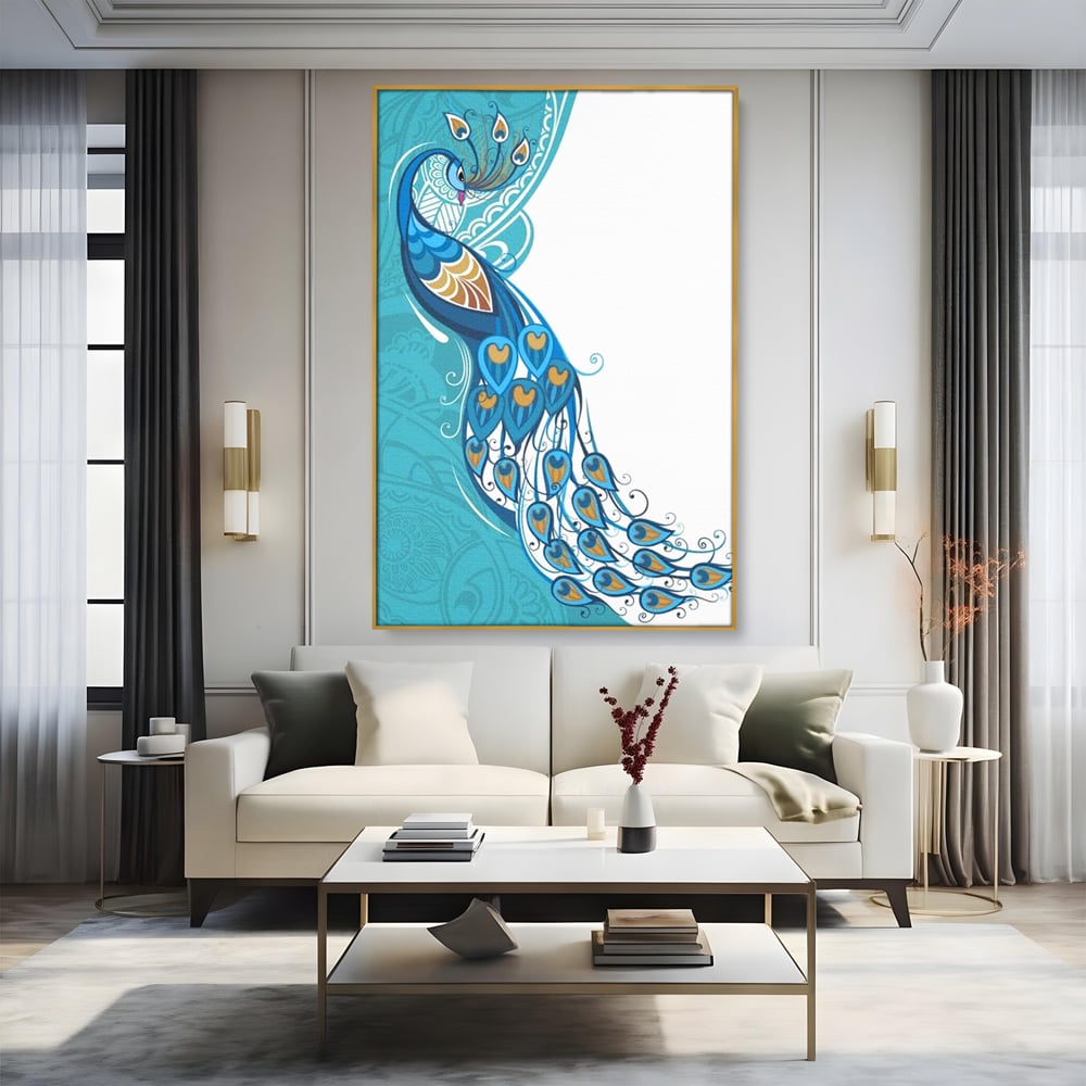 Leinwand Premium Canvas Wandkunst, LuxCanva® M1405, Exotische Essenz, Abstrakte Kunst, Grafik, Modern, Malerei, Pfau, Feder, Design, Vogel, Charmant, Büro, Wohnen, Kinderzimmer