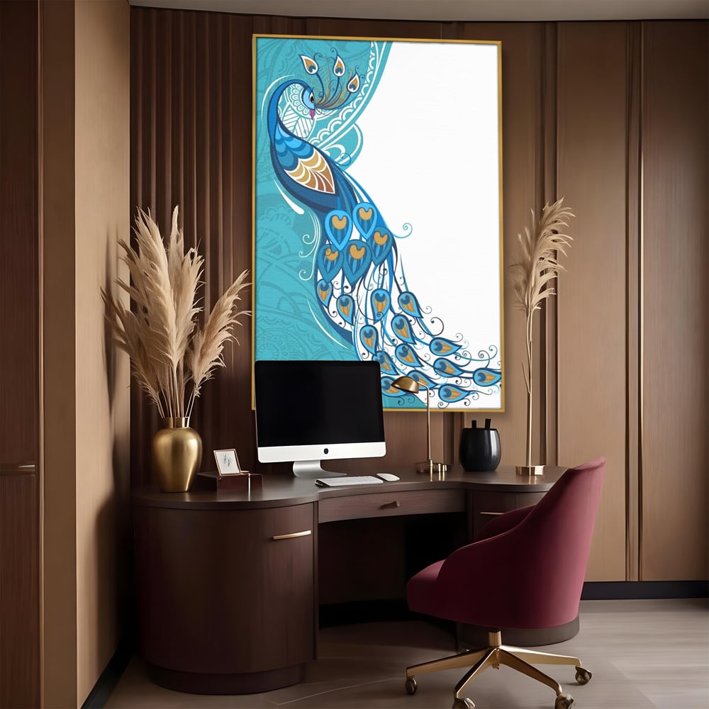 Leinwand Premium Canvas Wandkunst, LuxCanva® M1405, Exotische Essenz, Abstrakte Kunst, Grafik, Modern, Malerei, Pfau, Feder, Design, Vogel, Charmant, Büro, Wohnen, Kinderzimmer
