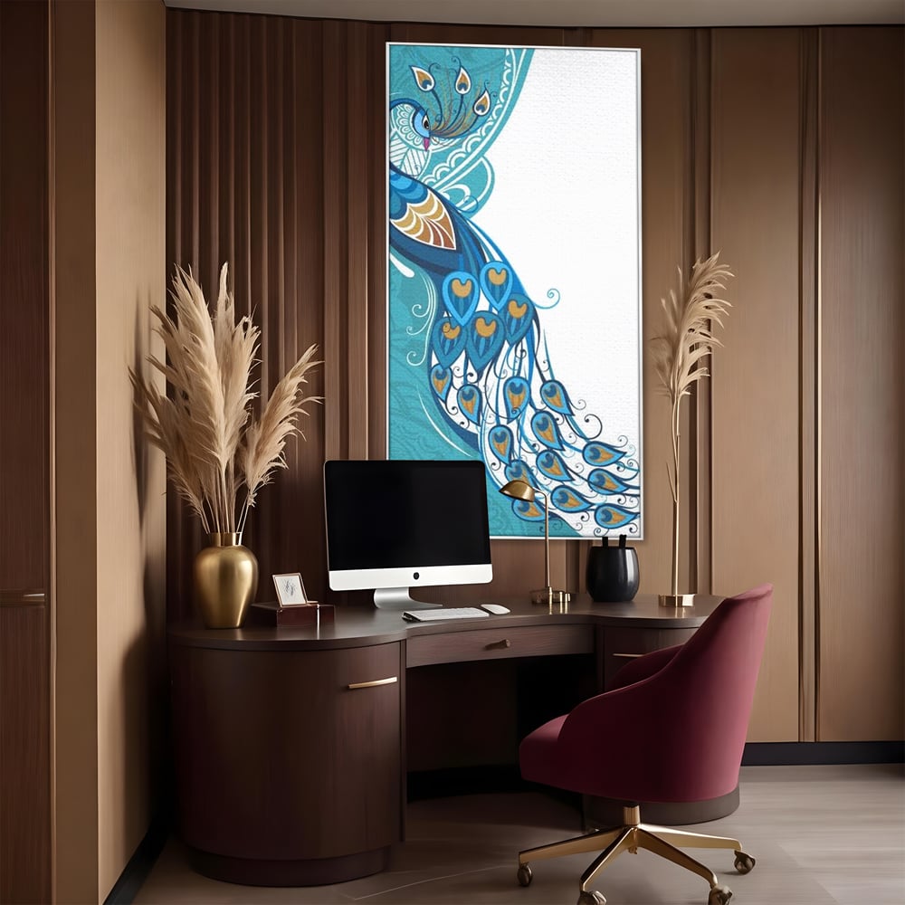 Leinwand Premium Canvas Wandkunst, LuxCanva® M1405, Exotische Essenz, Abstrakte Kunst, Grafik, Modern, Malerei, Pfau, Feder, Design, Vogel, Charmant, Büro, Wohnen, Kinderzimmer
