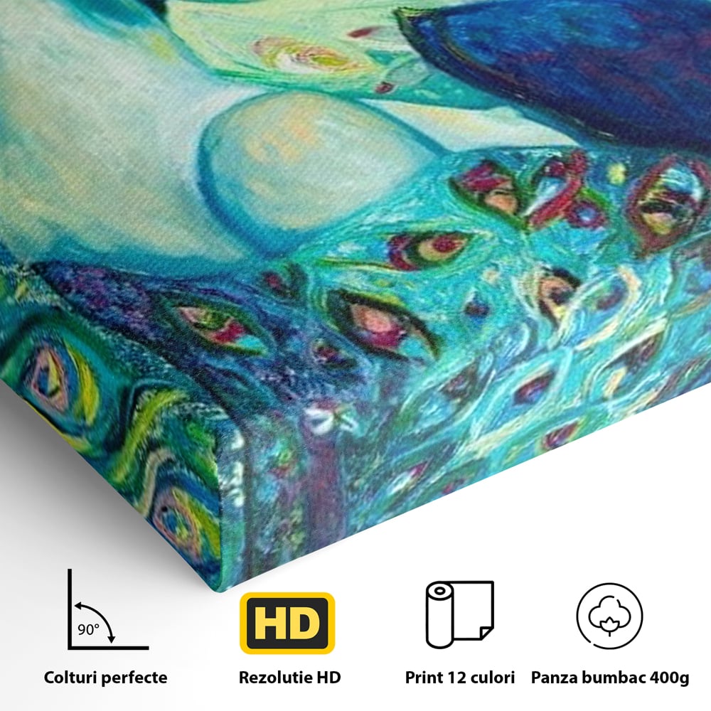 Tablou Canvas Premium, LuxCanva® M1406, Geisha de Smarald, Femeie, Oriental, Exotic, Delicat, Portret, Pictura, Oniric, Simbolic, Penaj, Paun, Abstract, Birou, Living, Camera Copil