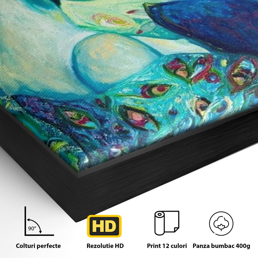 Tablou Canvas Premium, LuxCanva® M1406, Geisha de Smarald, Femeie, Oriental, Exotic, Delicat, Portret, Pictura, Oniric, Simbolic, Penaj, Paun, Abstract, Birou, Living, Camera Copil