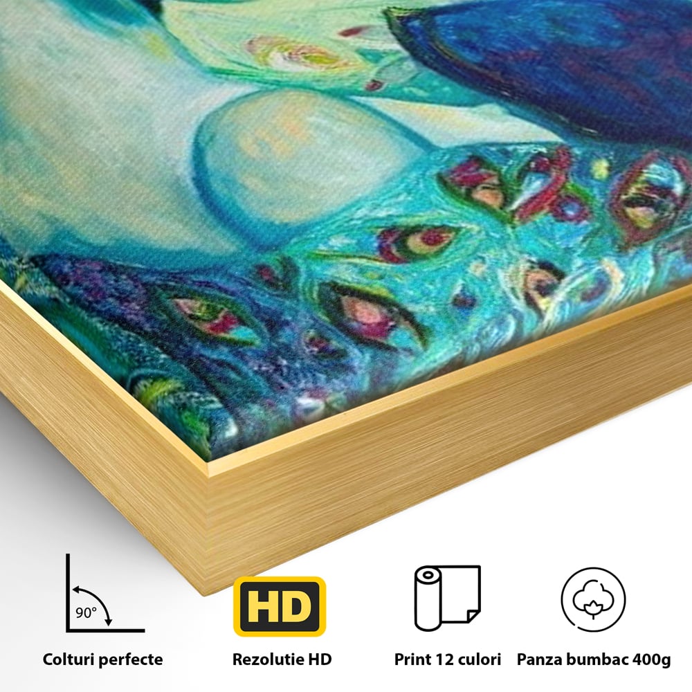 Tablou Canvas Premium, LuxCanva® M1406, Geisha de Smarald, Femeie, Oriental, Exotic, Delicat, Portret, Pictura, Oniric, Simbolic, Penaj, Paun, Abstract, Birou, Living, Camera Copil