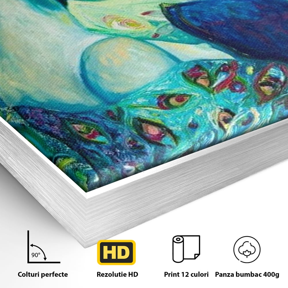 Tablou Canvas Premium, LuxCanva® M1406, Geisha de Smarald, Femeie, Oriental, Exotic, Delicat, Portret, Pictura, Oniric, Simbolic, Penaj, Paun, Abstract, Birou, Living, Camera Copil