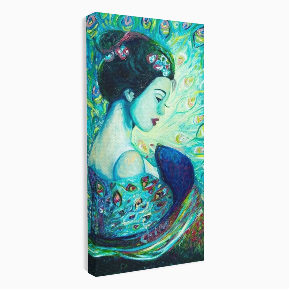 Tablou Canvas Premium, LuxCanva® M1406, Geisha de Smarald, Femeie, Oriental, Exotic, Delicat, Portret, Pictura, Oniric, Simbolic, Penaj, Paun, Abstract, Birou, Living, Camera Copil