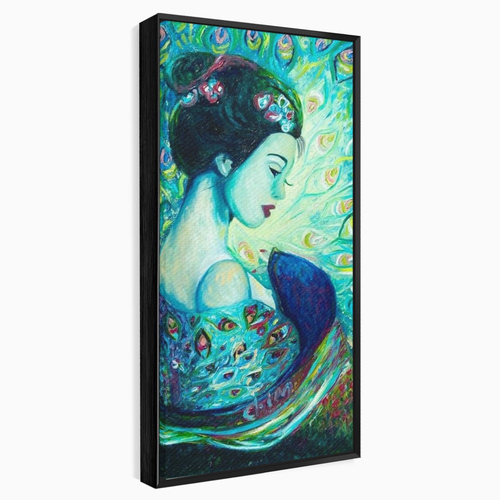Tablou Canvas Premium, LuxCanva® M1406, Geisha de Smarald, Femeie, Oriental, Exotic, Delicat, Portret, Pictura, Oniric, Simbolic, Penaj, Paun, Abstract, Birou, Living, Camera Copil