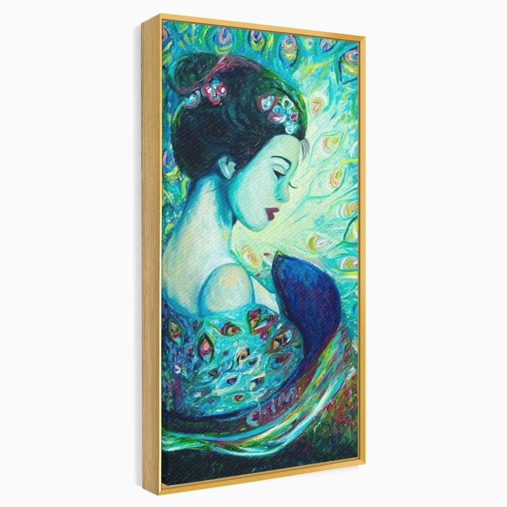 Tablou Canvas Premium, LuxCanva® M1406, Geisha de Smarald, Femeie, Oriental, Exotic, Delicat, Portret, Pictura, Oniric, Simbolic, Penaj, Paun, Abstract, Birou, Living, Camera Copil
