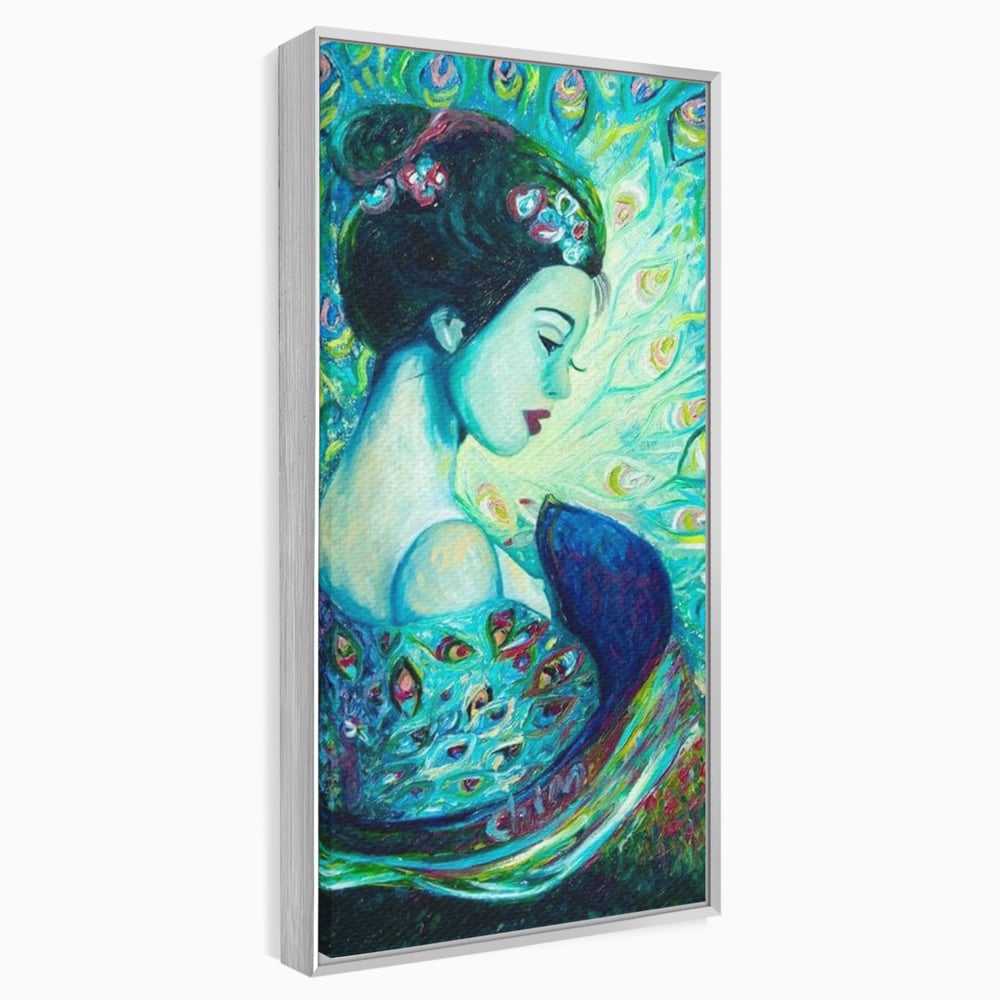 Tablou Canvas Premium, LuxCanva® M1406, Geisha de Smarald, Femeie, Oriental, Exotic, Delicat, Portret, Pictura, Oniric, Simbolic, Penaj, Paun, Abstract, Birou, Living, Camera Copil