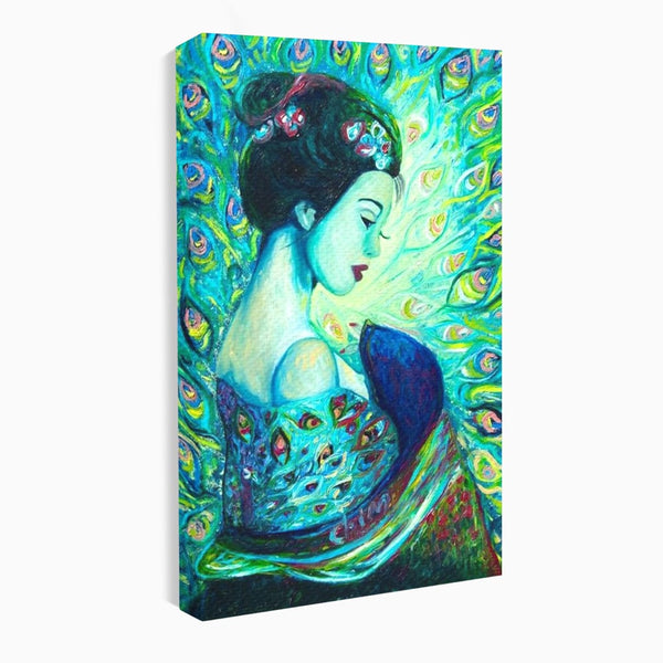 Tablou Canvas Premium, LuxCanva® M1406, Geisha de Smarald, Femeie, Oriental, Exotic, Delicat, Portret, Pictura, Oniric, Simbolic, Penaj, Paun, Abstract, Birou, Living, Camera Copil