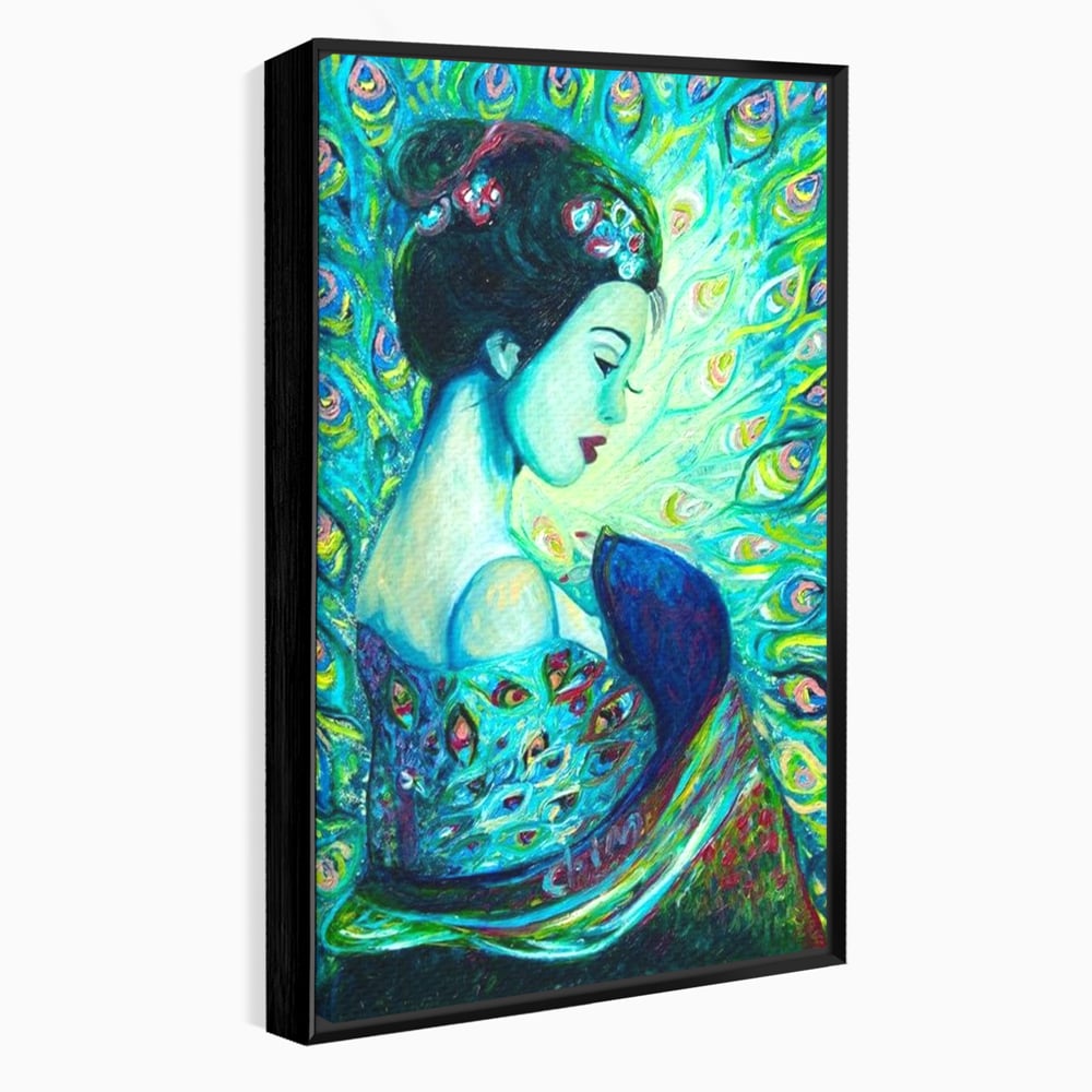 Tablou Canvas Premium, LuxCanva® M1406, Geisha de Smarald, Femeie, Oriental, Exotic, Delicat, Portret, Pictura, Oniric, Simbolic, Penaj, Paun, Abstract, Birou, Living, Camera Copil