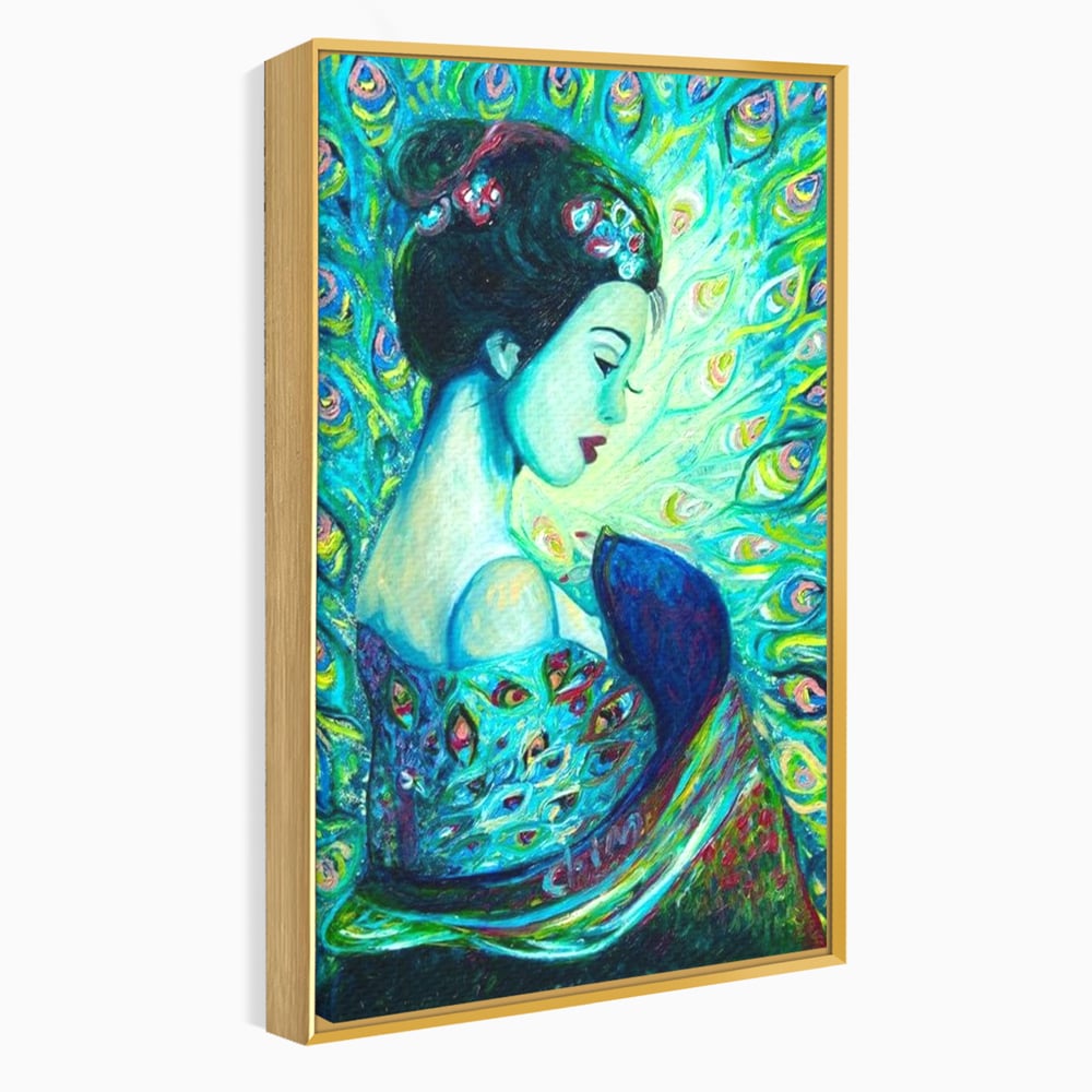 Tablou Canvas Premium, LuxCanva® M1406, Geisha de Smarald, Femeie, Oriental, Exotic, Delicat, Portret, Pictura, Oniric, Simbolic, Penaj, Paun, Abstract, Birou, Living, Camera Copil