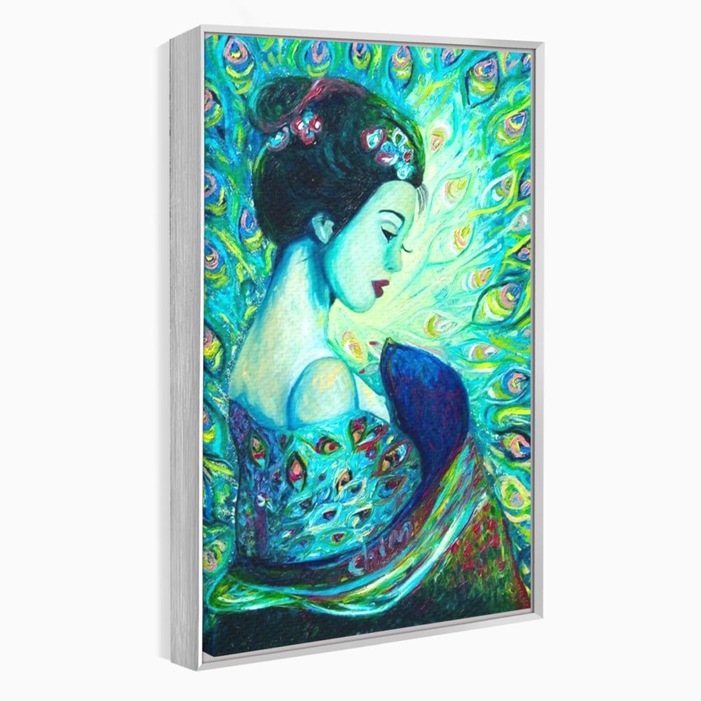 Tablou Canvas Premium, LuxCanva® M1406, Geisha de Smarald, Femeie, Oriental, Exotic, Delicat, Portret, Pictura, Oniric, Simbolic, Penaj, Paun, Abstract, Birou, Living, Camera Copil