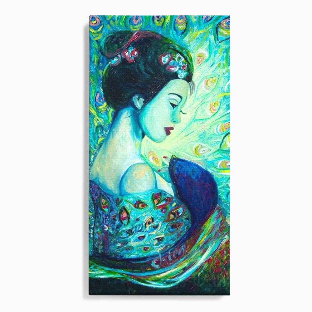 Tablou Canvas Premium, LuxCanva® M1406, Geisha de Smarald, Femeie, Oriental, Exotic, Delicat, Portret, Pictura, Oniric, Simbolic, Penaj, Paun, Abstract, Birou, Living, Camera Copil