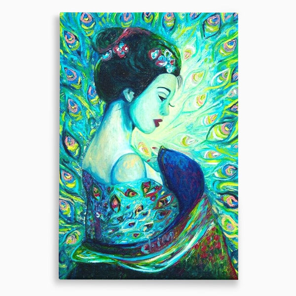 Tablou Canvas Premium, LuxCanva® M1406, Geisha de Smarald, Femeie, Oriental, Exotic, Delicat, Portret, Pictura, Oniric, Simbolic, Penaj, Paun, Abstract, Birou, Living, Camera Copil