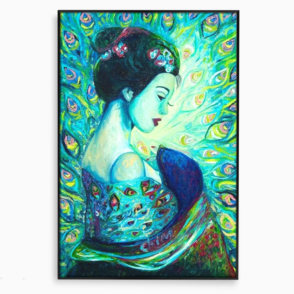 Tablou Canvas Premium, LuxCanva® M1406, Geisha de Smarald, Femeie, Oriental, Exotic, Delicat, Portret, Pictura, Oniric, Simbolic, Penaj, Paun, Abstract, Birou, Living, Camera Copil