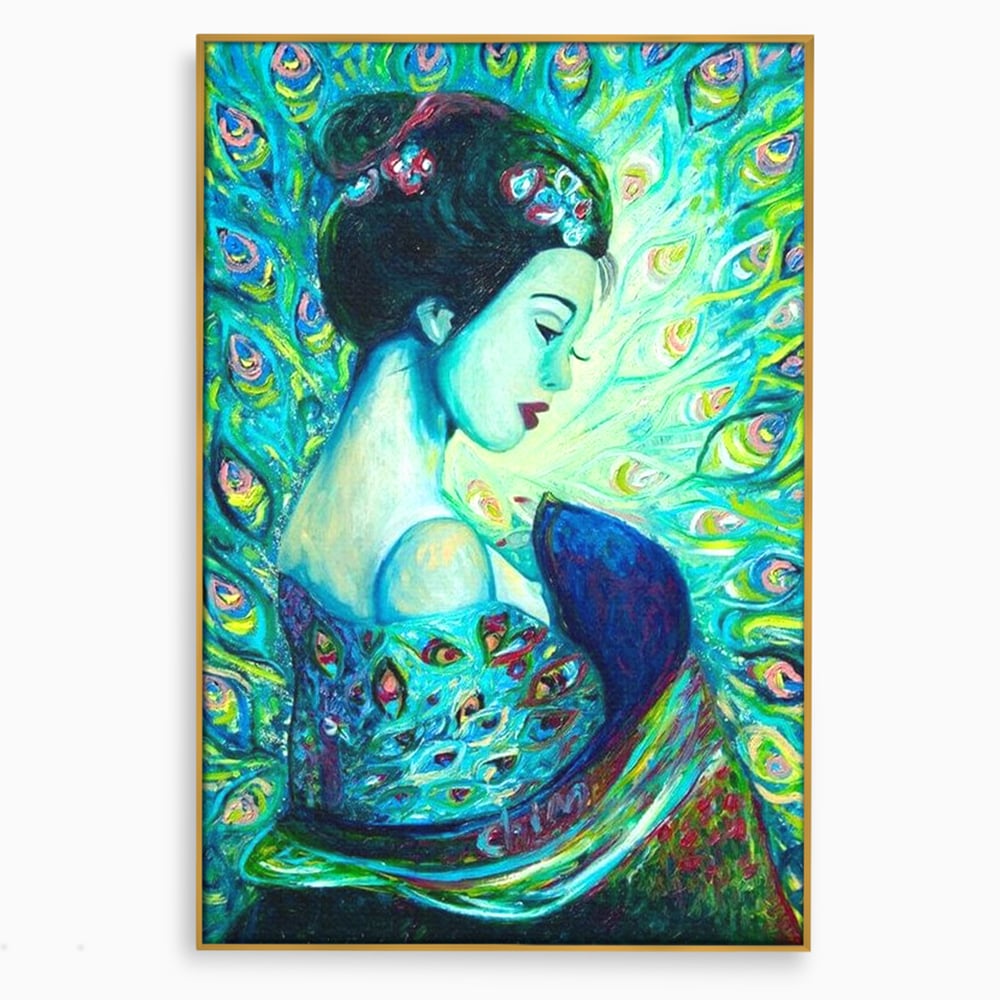 Tablou Canvas Premium, LuxCanva® M1406, Geisha de Smarald, Femeie, Oriental, Exotic, Delicat, Portret, Pictura, Oniric, Simbolic, Penaj, Paun, Abstract, Birou, Living, Camera Copil